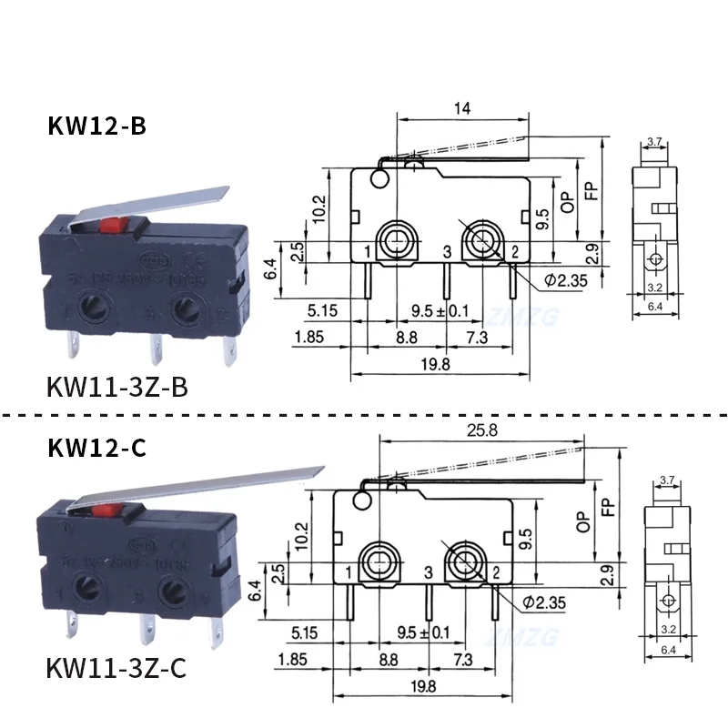 KW12 Reiseendschalter-Kontakt-Knopf KW11-3Z-2 Mikroschalter mit geradem Schaft, dreipolig, 5A 125V/250V – Detail 5