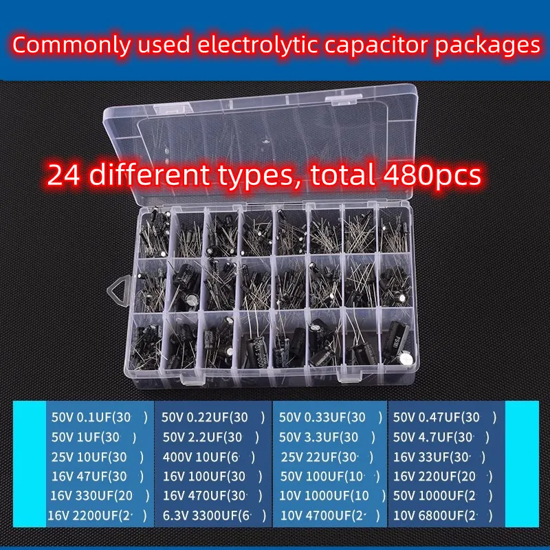 480pcs Practical DIP Aluminum Electrolytic Capacitor Components 10/16/25V/35/50V/100/220/470/0.1uF-6600uF