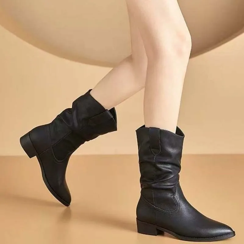 

Новинка 2026, женские ботинки, зимние модные нескользящие удобные непромокаемые плиссированные кожаные ботинки на низком каблуке, морозостойкие модные ботинки