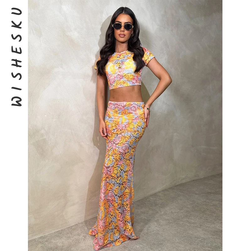 

Two Piece Set Women Floral Print Outfits Sexy Short Sleeve Crop Top+Low Rise Slim Fit Maxi Skirts 2025 Summer Y2K Clothes