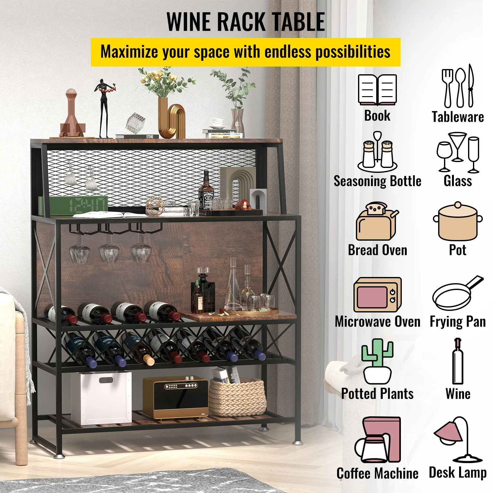 VEVOR Wine Rack Home Bar Table armadi per liquori industriali di grande capacità con supporto in vetro per la sala da pranzo della cucina di casa
