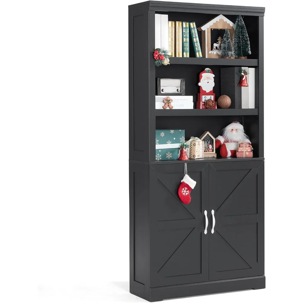 

Bookcases with Doors, Farmhouse Storage Cabinet 69 in Tall 5-Shelf Bookcase, Floor Standing Display Bookshelves