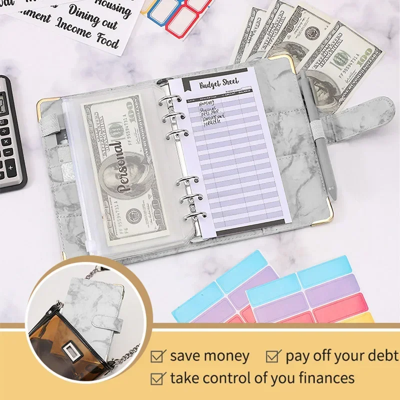 A6 PU Leather Marble Notebook Binder Budget Planner Money Organizer for Cash Savings with 12 Zipper Envelope Pockets Stickers