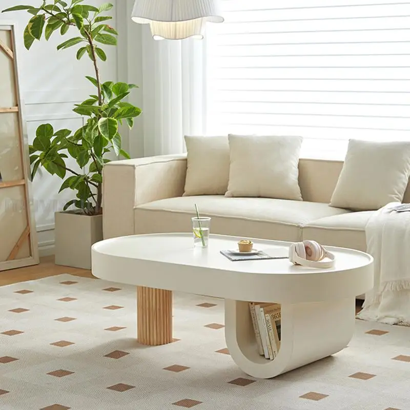

Creamy Style Solid Wood Coffee Table With Storage Space Thicken Oval Tabletop Apartment Balcony Simple Living Room Tea Table