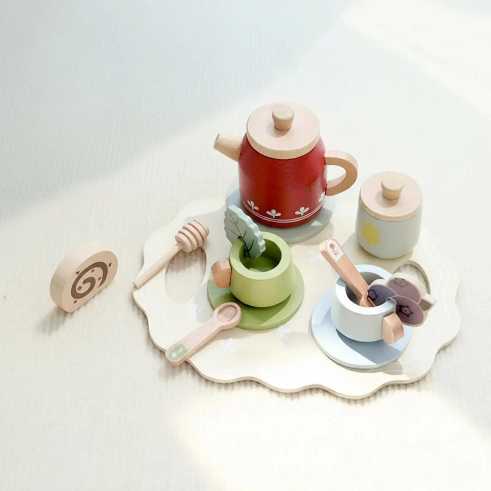 Wooden Tea Service Playset for Kids with Fabric Toy Pastries and Kitchen Role Play Gear