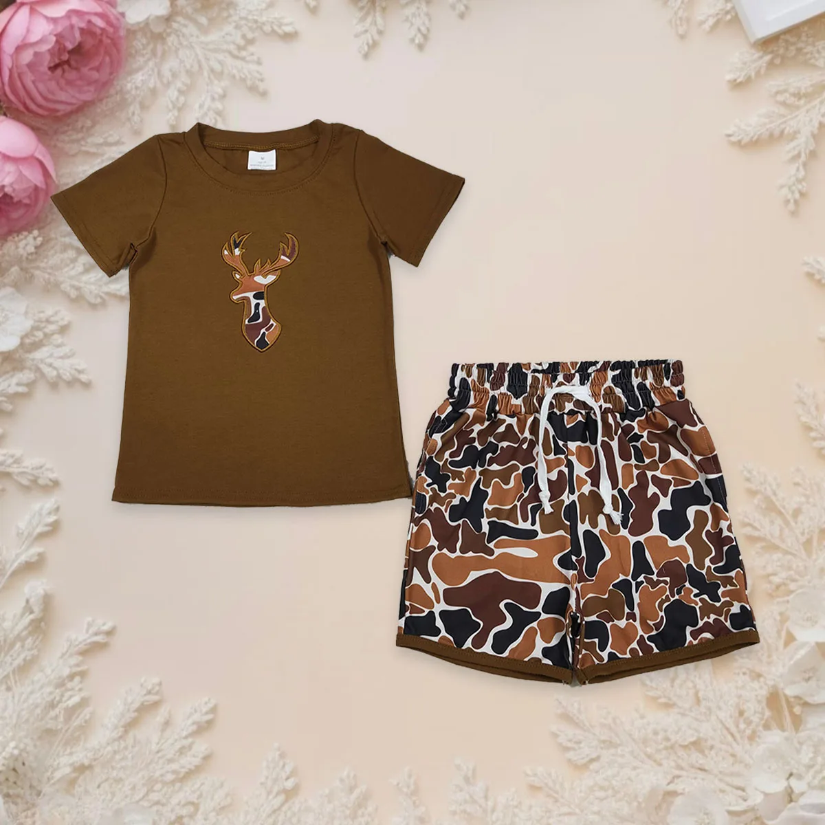 

Baby Boy Short Sleeve Embroidery Camo Deer Hunting Clothes Set Brown Top Pockets Shorts Infant Toddler Outfits Children Clothing