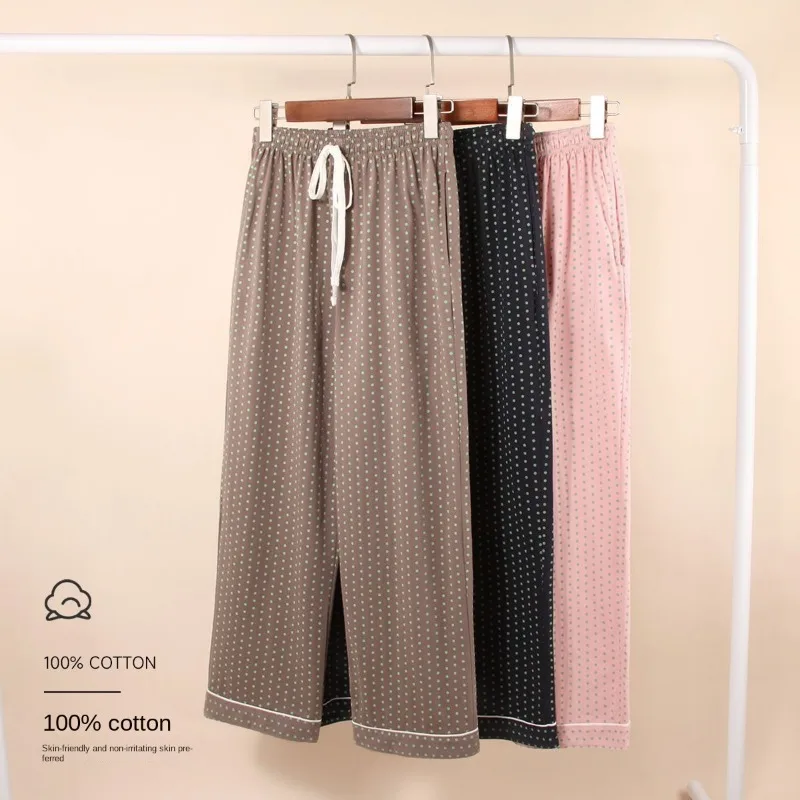 Pure Cotton Pajama Pants Female All Cotton Summertime Thin Straight-leg Pants Loose Fallow Tether Long Pants Ms. Dot Comfort