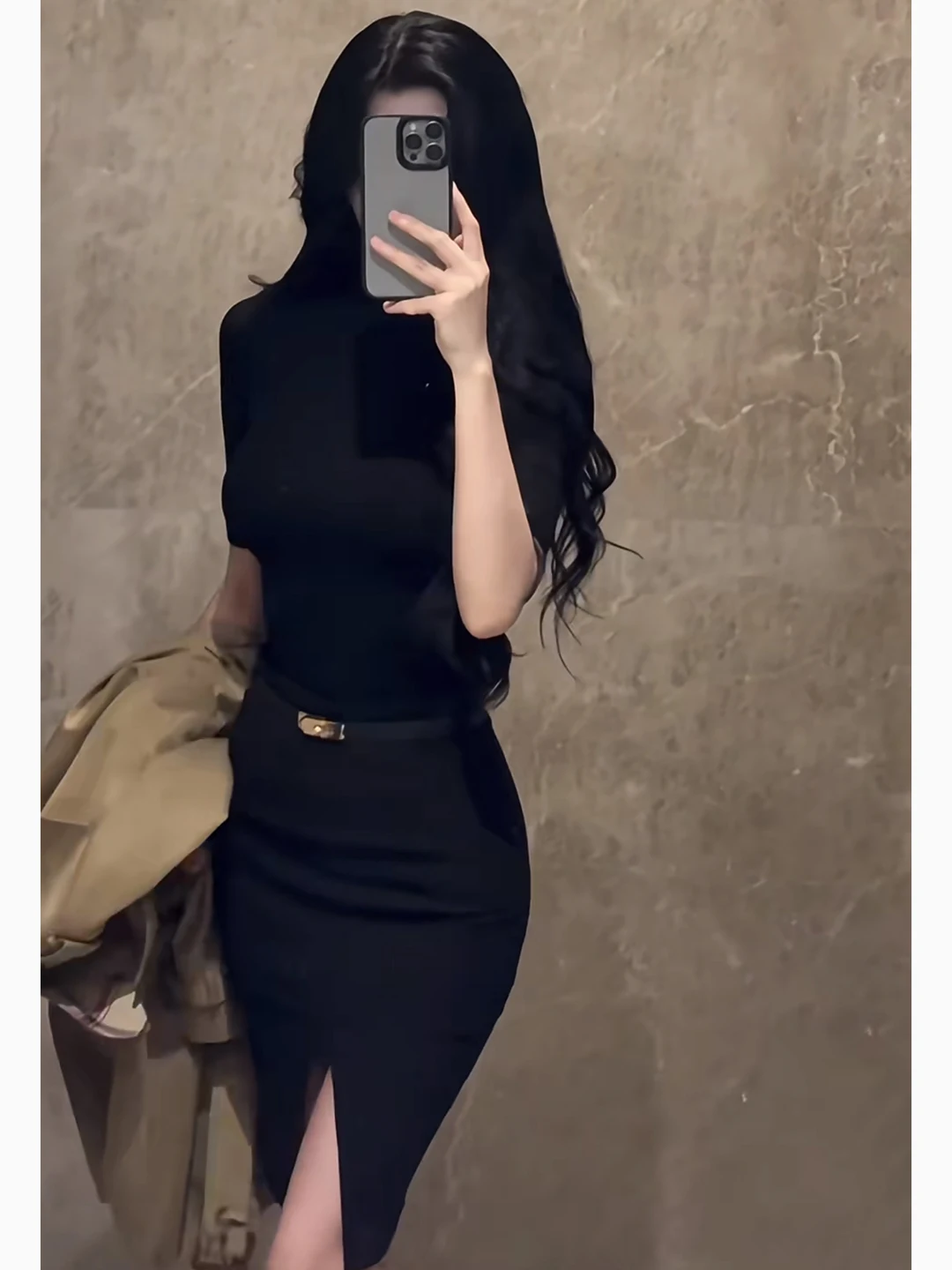 

Ele High-Waist Slim-Fit Top And Skirt Set with Mid-Sves And High Collar Casual Sle for Teen Girls Autumn Faion