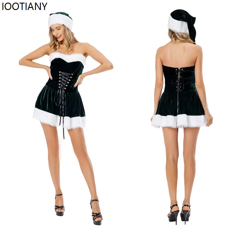 

Womens Sexy Christmas Warm Velvet Dress With Hat Santa Claus Cosplay Costume New Year Xmas Masquerade Elf Fancy Pleated Set Gift