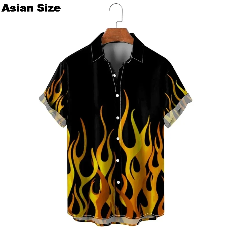 025 Fashion Beach Vacation Lapel Shirt Men's Summer Button Up Shirt 3D Flame Printed Shirt Hawaiian Casual Short Sleeved Shirt