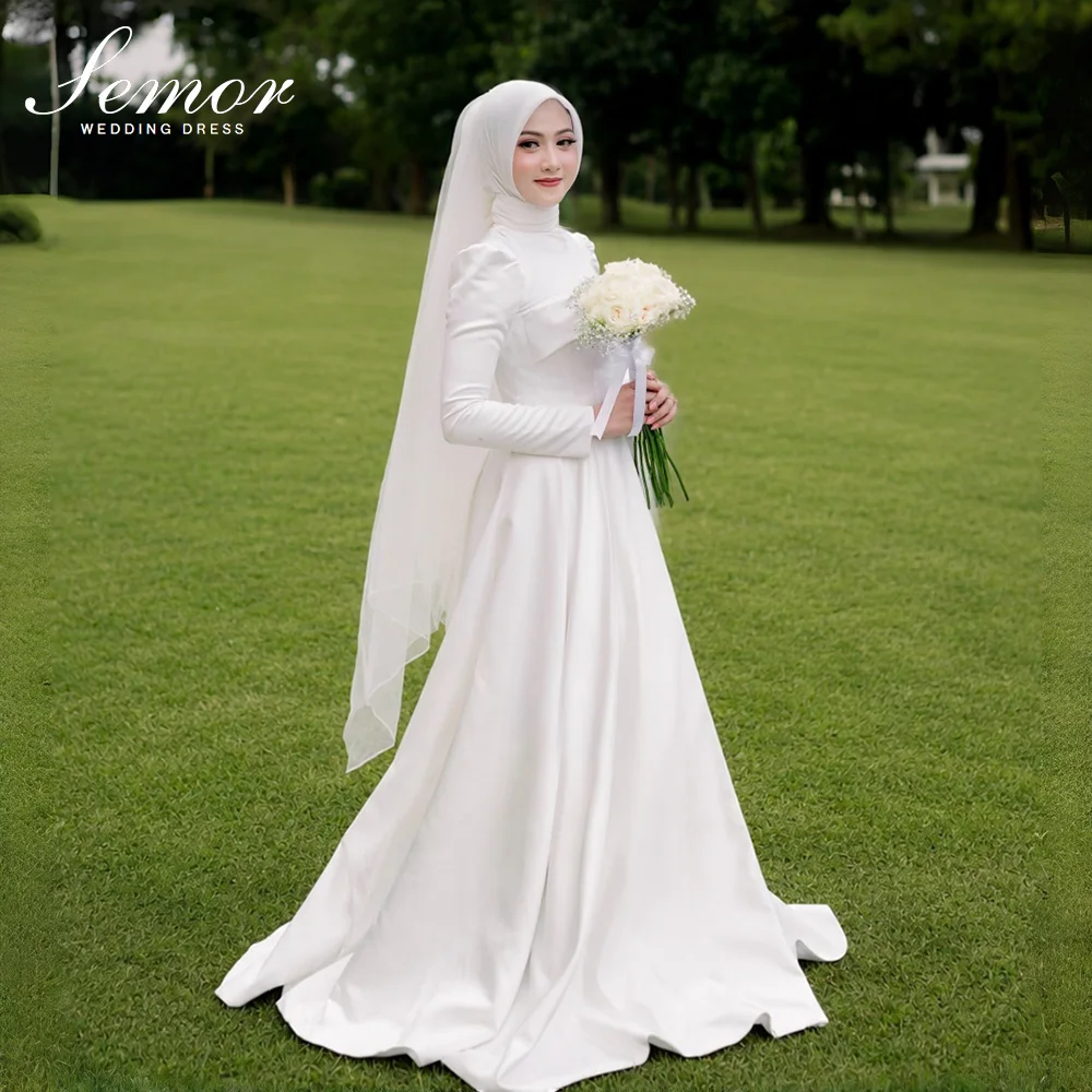 Semor Customized White Satin Muslim Bride Wedding Dress High Neck Long Sleeve A Line Modest Bridal Gown With Hijab 2027 New