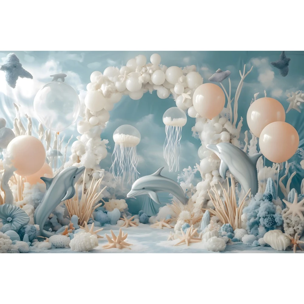 Fantasy Underwater World Photography Backdrop 3D Balloon Whale Jellyfish Sea Princess Baby Birthday Party Photo Background Decor