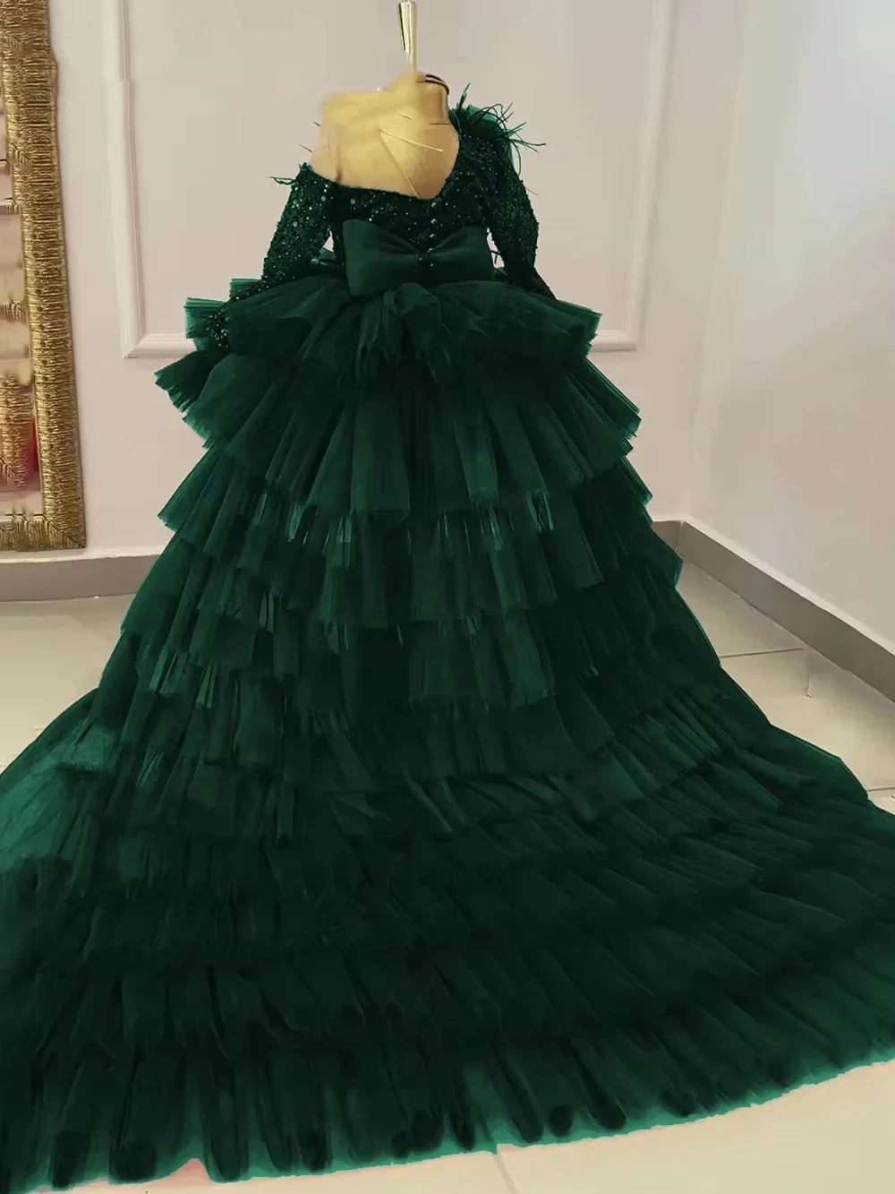 One Shoulder Sequin Tulle High Low Train Pageant Dress Tiered Ruffle Cake Skirt Big Bow Kids Birthday Competition Formal Gown