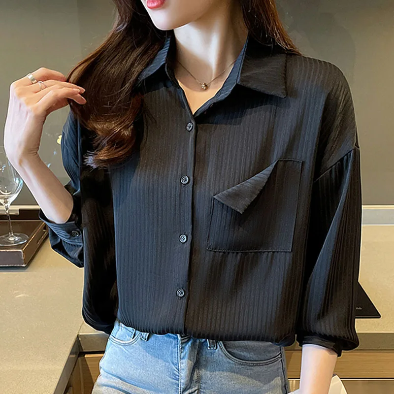 2022 New Dark Stripe Femme Clothing Pocket Long Sleeve Elegantes Shirts for Women Tops and Blouses Black and Yellow Solid 1728