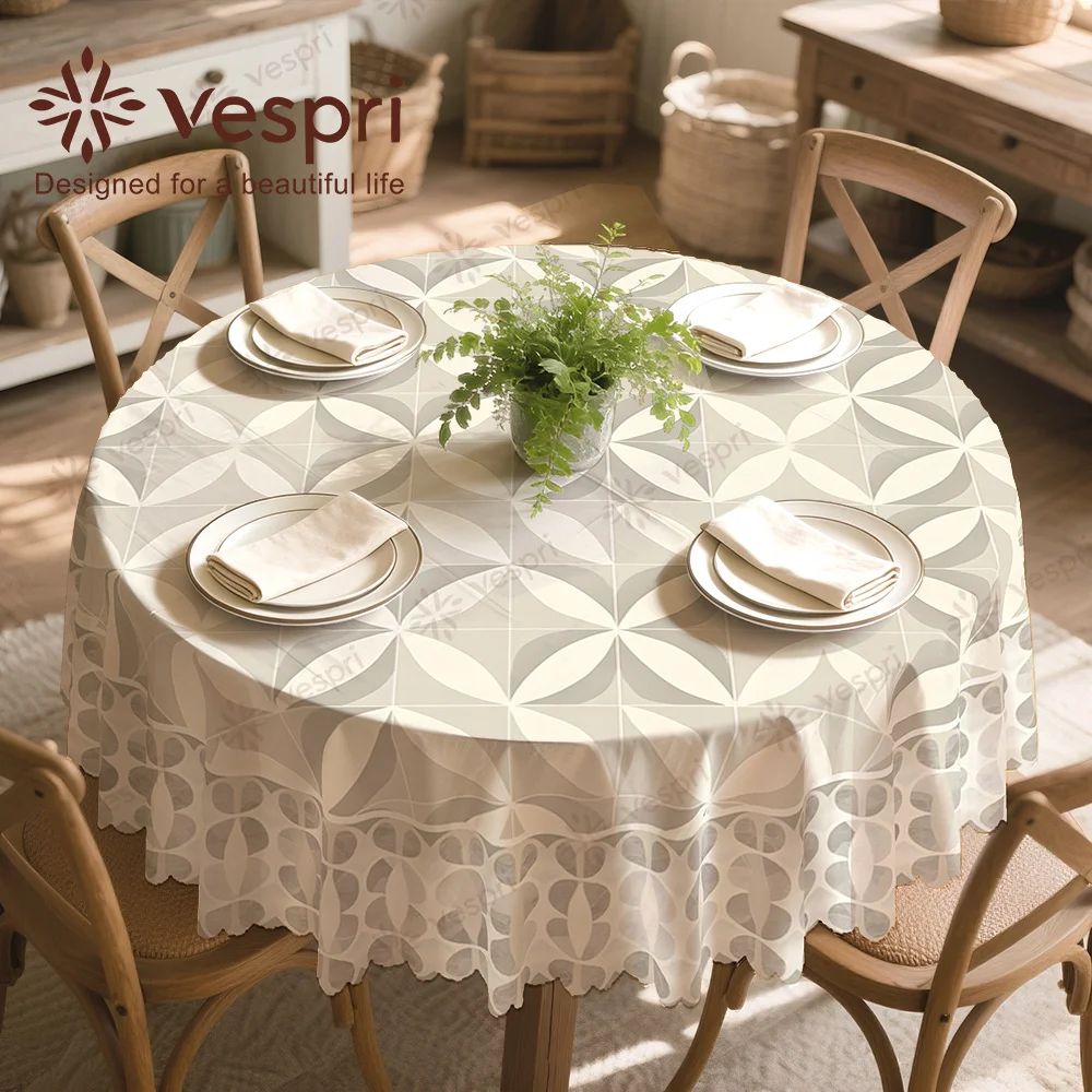 Vespri textured tablecloth, white and beige patterns, round shape and leaves, country style, family gathering