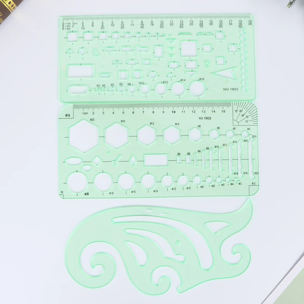 11 pcs Drawing Template Set Green Transparent Geometric Shapes For Drafting Design Architecture School Office Use Painting Aid