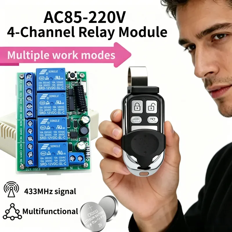 

433MHz Universal Wireless Remote Control AC 110V 220V 10Amp 2200W 4CH Relay Receiver Module RF Switch for Gate Garage opener