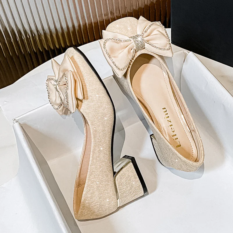 Plus Size35-42 43 Women Wedding Dress Shoes Bow-knot Design Women Pumps Chunky Mid Heels Round Toe Bride Bridesmaid Party Shoes