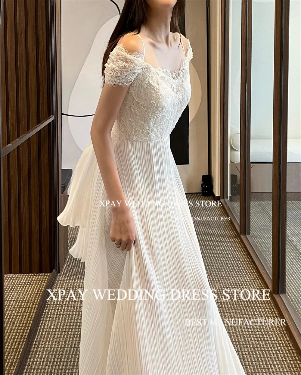 XPAY pizzo scollo A V una linea corea abiti da sposa pieghe Chiffon Spaghetti cinghie abito da sposa Backless manica corta abito personalizzato