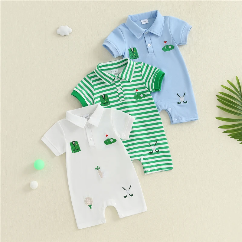 

Baby Boys Golf Embroidery Jumpsuit Short Sleeve Turn Down Collar Button Up Casual Romper Infant Fashion Toddler Newborn Clothes