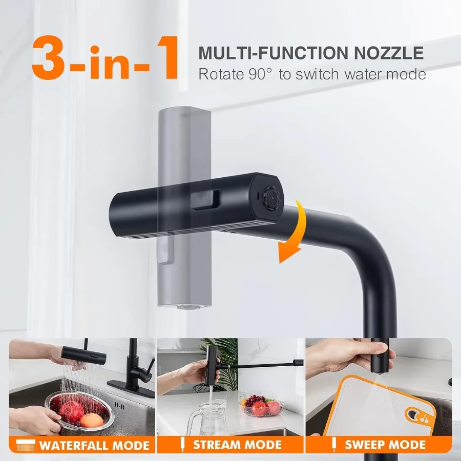 Waterfall Kitchen Faucet 3 in 1 Function Kitchen Faucet with Pull Down Sprayer Stainless Steel Kitchen Sink Faucets for Farmhou