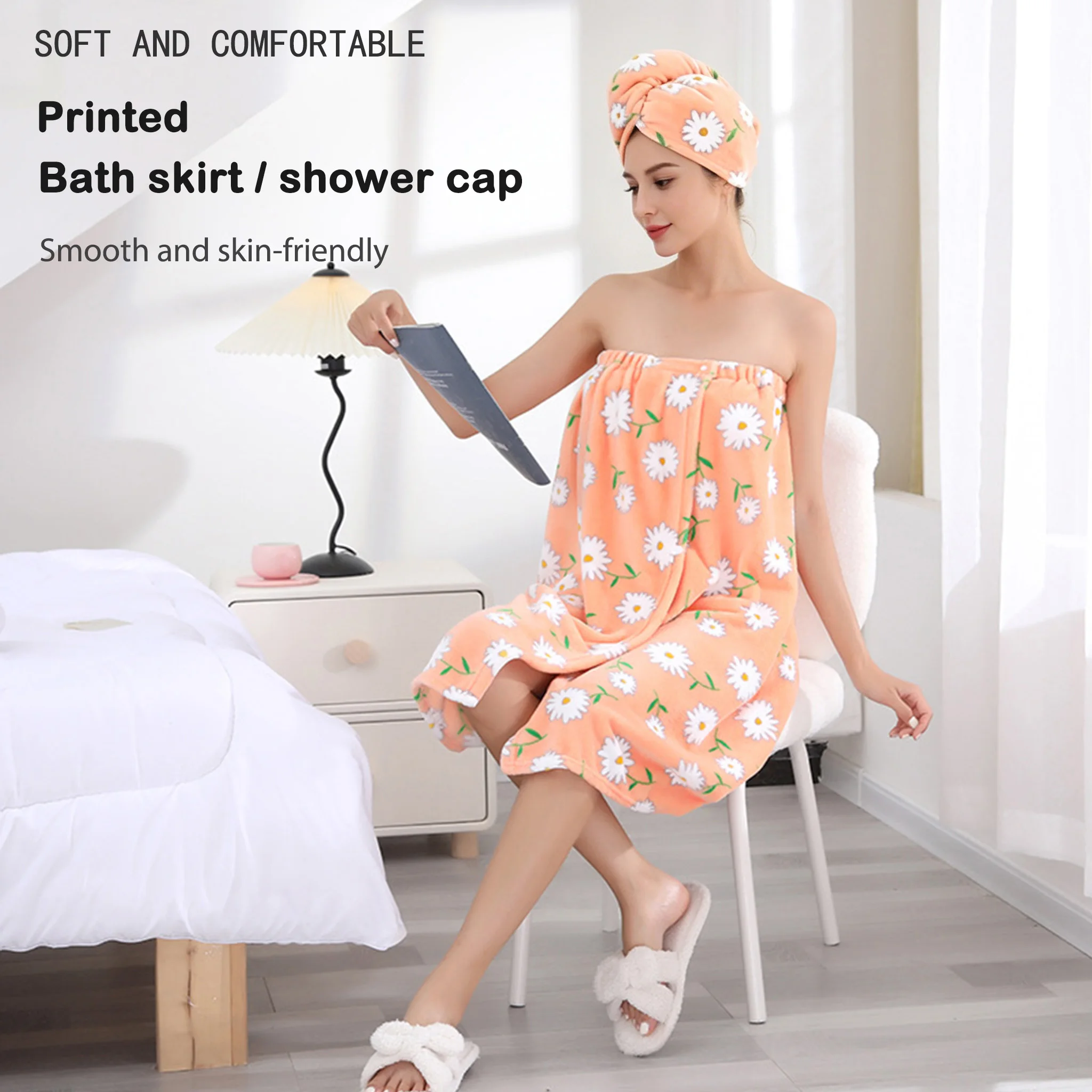 Coral fleece bathrobe and bath cap set, cute daisy print, soft and comfortable thickened women's home bathrobe