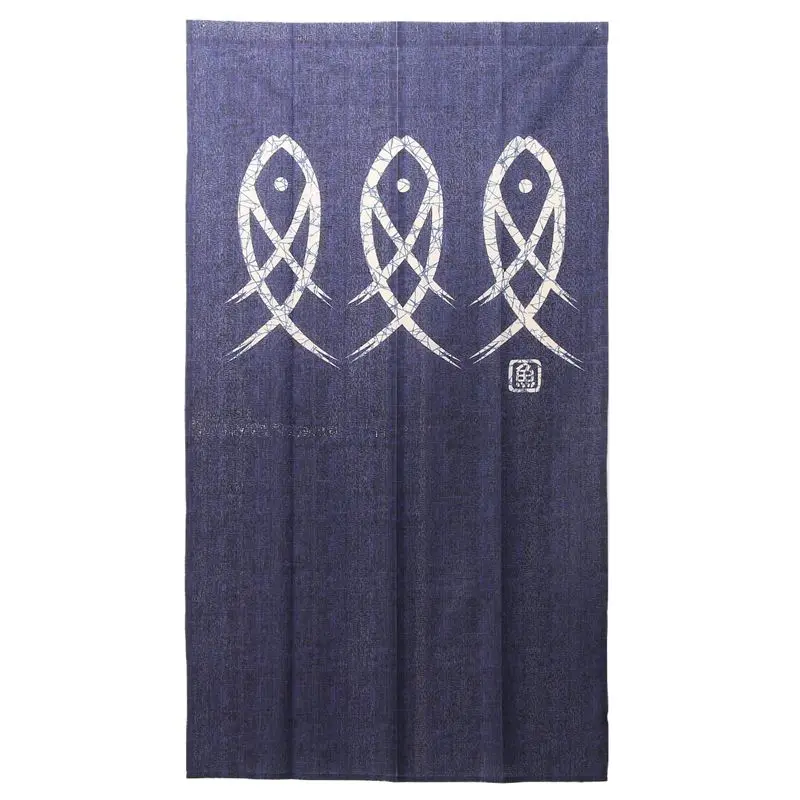 AB02 Japanese Noren Doorway Curtain Ancient Character Fish Tapestry For Home Decoration Blue 33X59inch
