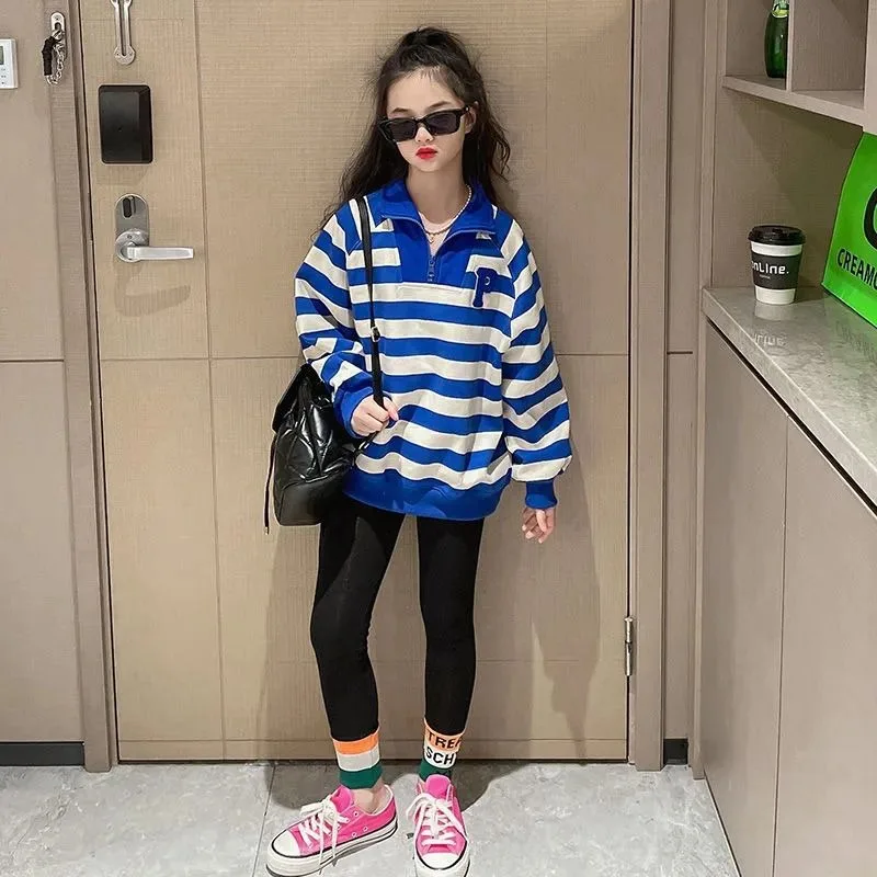 

Girls' New Spring/Autumn Loose Fit Korean Style Stylish Striped Crewneck Sweatshirt for Middle/Big Kids Little Girls