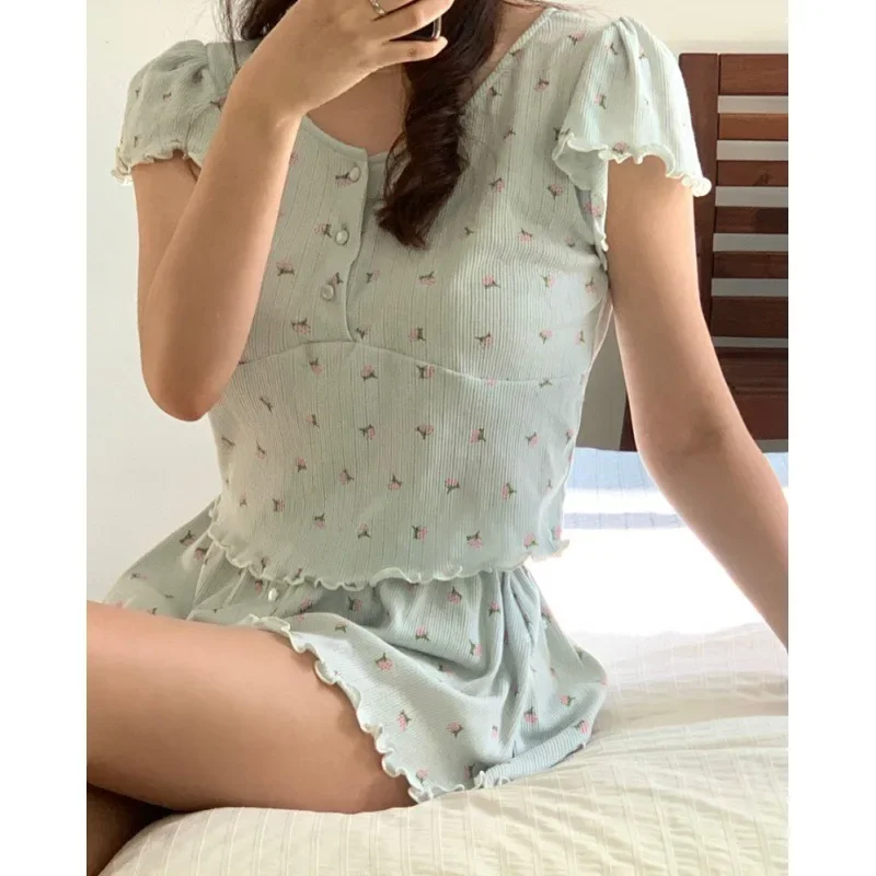 Summer Floral Print Pajamas Set Korean Women Short Sleeve Shirts Tops + Shorts Set Kawaii Home Suit Sweet Green Homewear Clothes