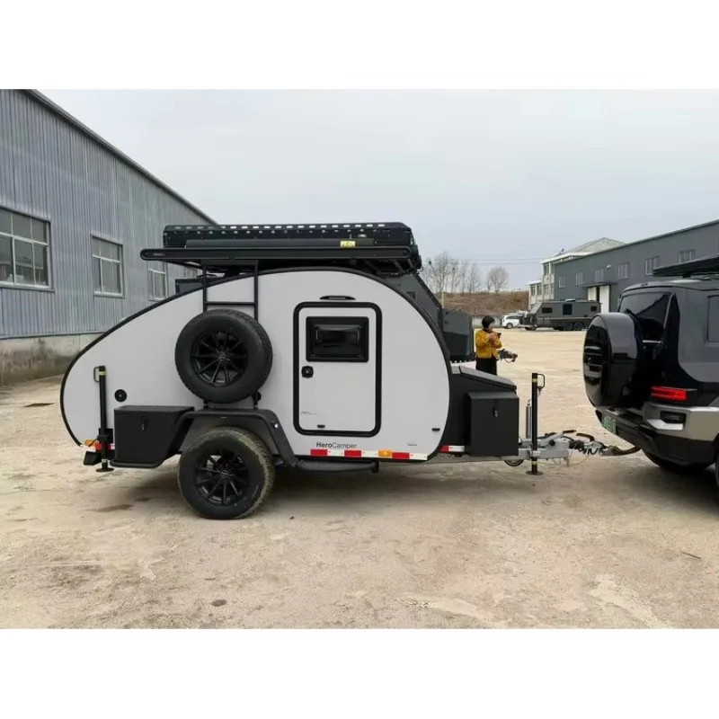 Rugged teardrop-shaped expedition trailer for 4x4 off-road compact campers for remote camping