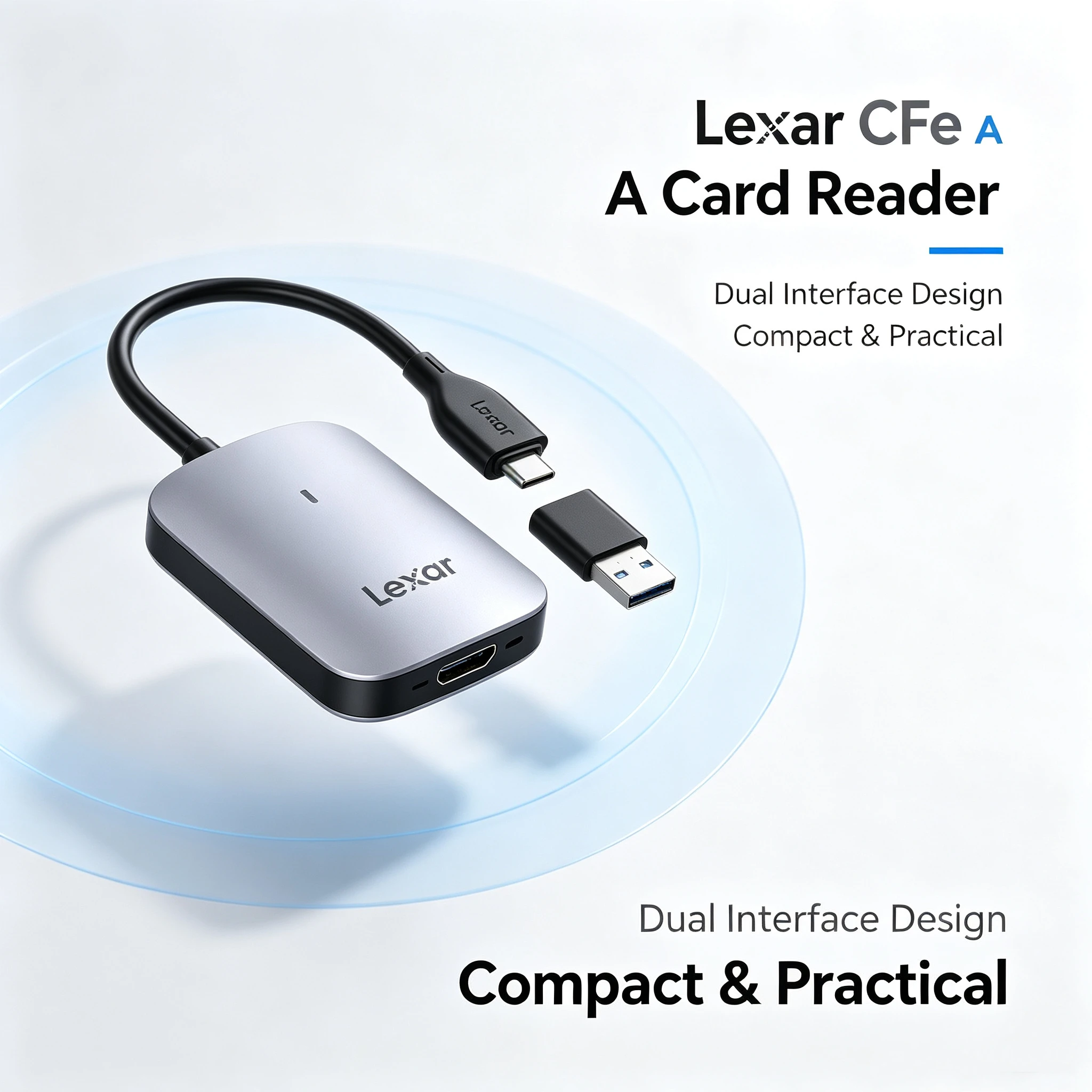 lexar-usb-32-gen2-cfe-a-メモリカードリーダー。lexar-cfexpress-type-a-リーダー。type-c、type-a-コネクターを搭載し、8kビデオ撮影に対応。