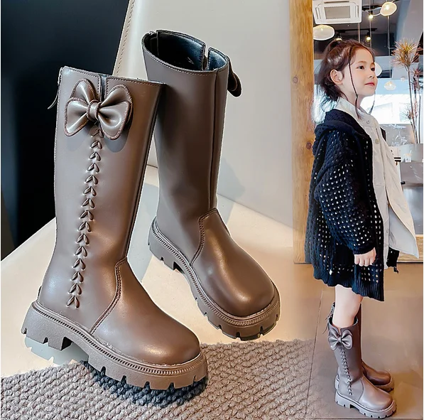 Children Princess Boots with Back Zipper Girls High Boots with Sweet Bow 2024 New Fashion Warm Long Boots for Kids Soild Color