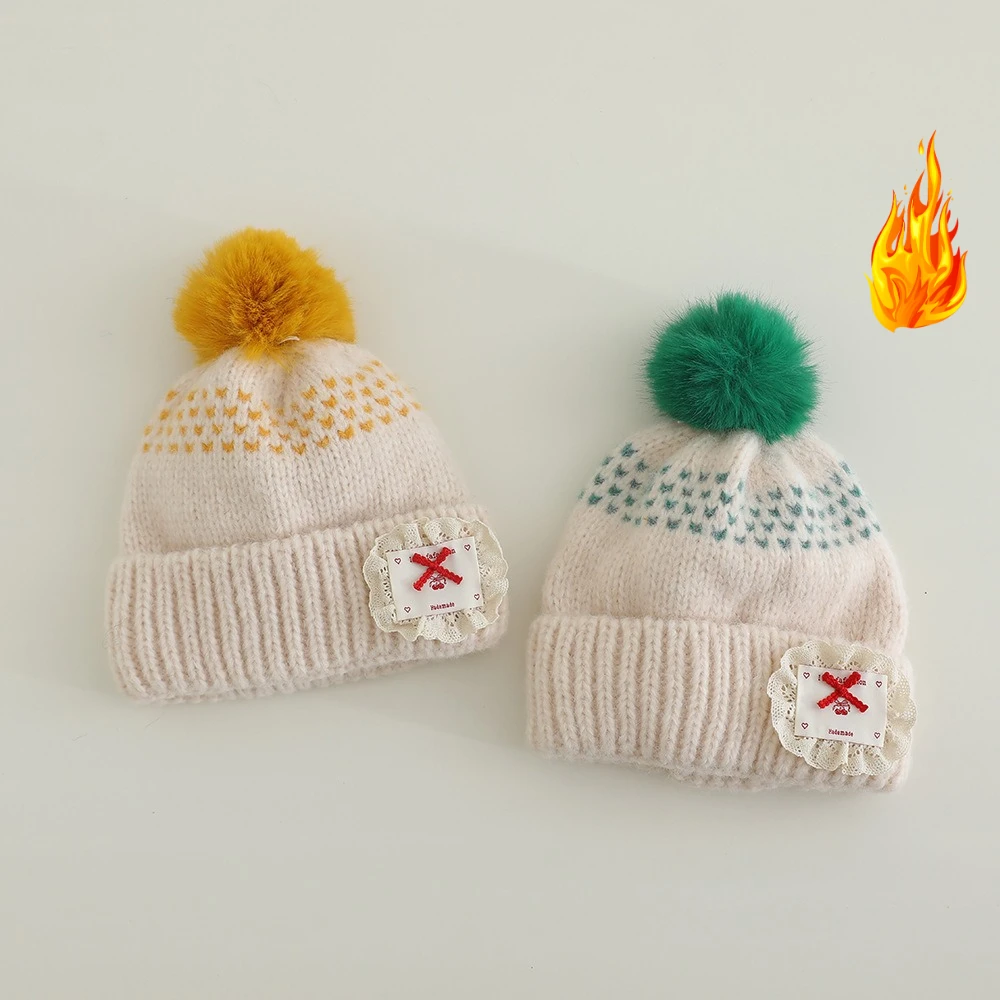 Ragazze Autunno Inverno Cappello di lana lavorato a maglia 50-54 cm Ragazzi Caldo Addensare Berretto antivento Bambini Cappelli con fiocco in pizzo a prova di freddo Moda per bambini CuteCap
