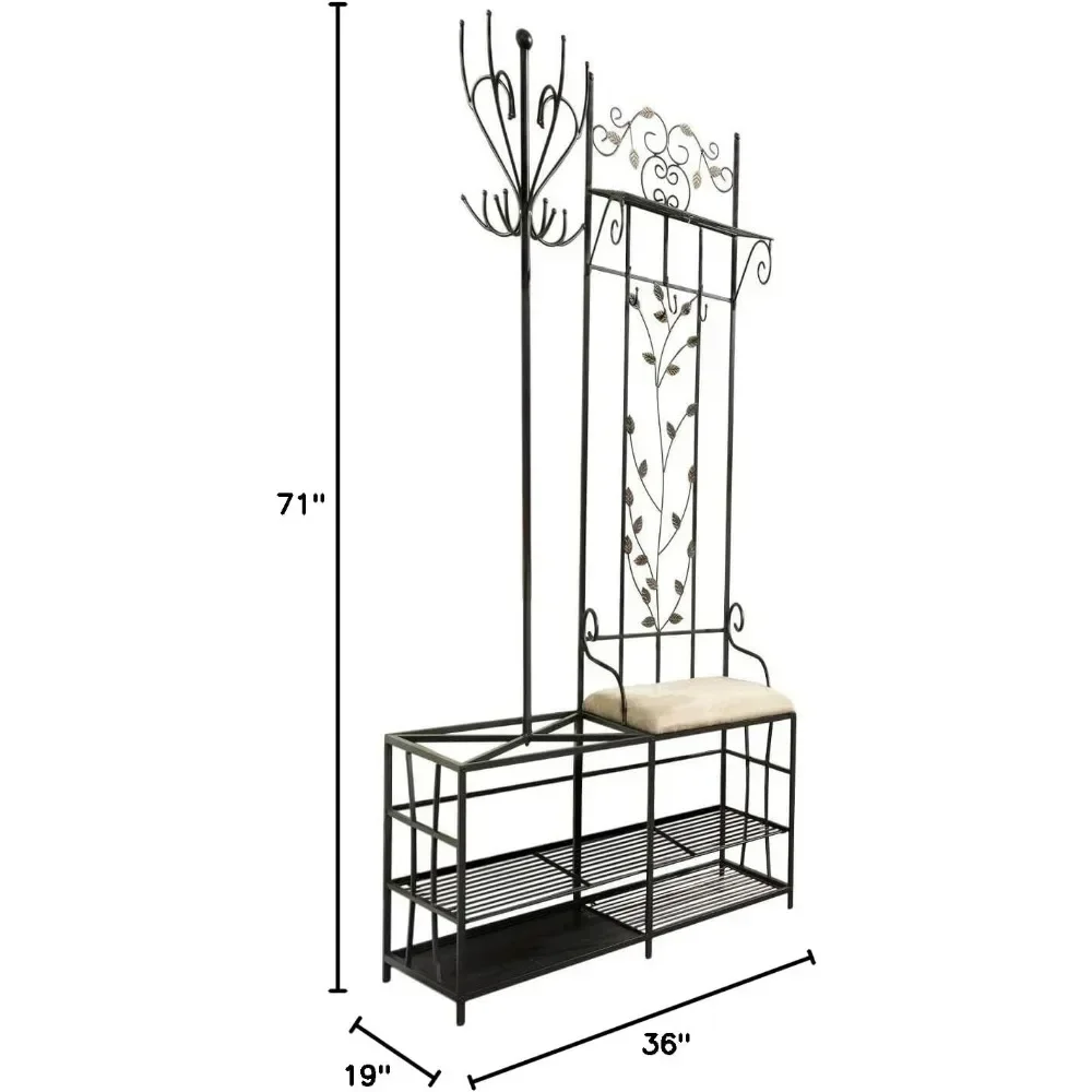 Coat rack, black finished metal storage stool with coat rack and umbrella rack, 36 