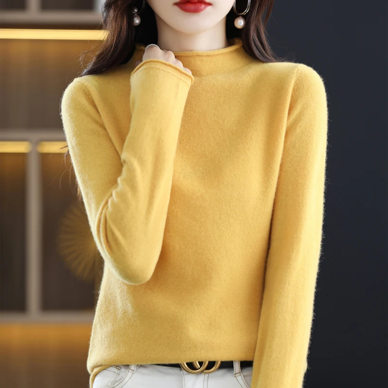 Women\'s Half Turtleneck 100% Merino Wool Pullover Autumn/Winter Warm Solid Knit Sweater With Rolled Edge Solid Pullover Sweater