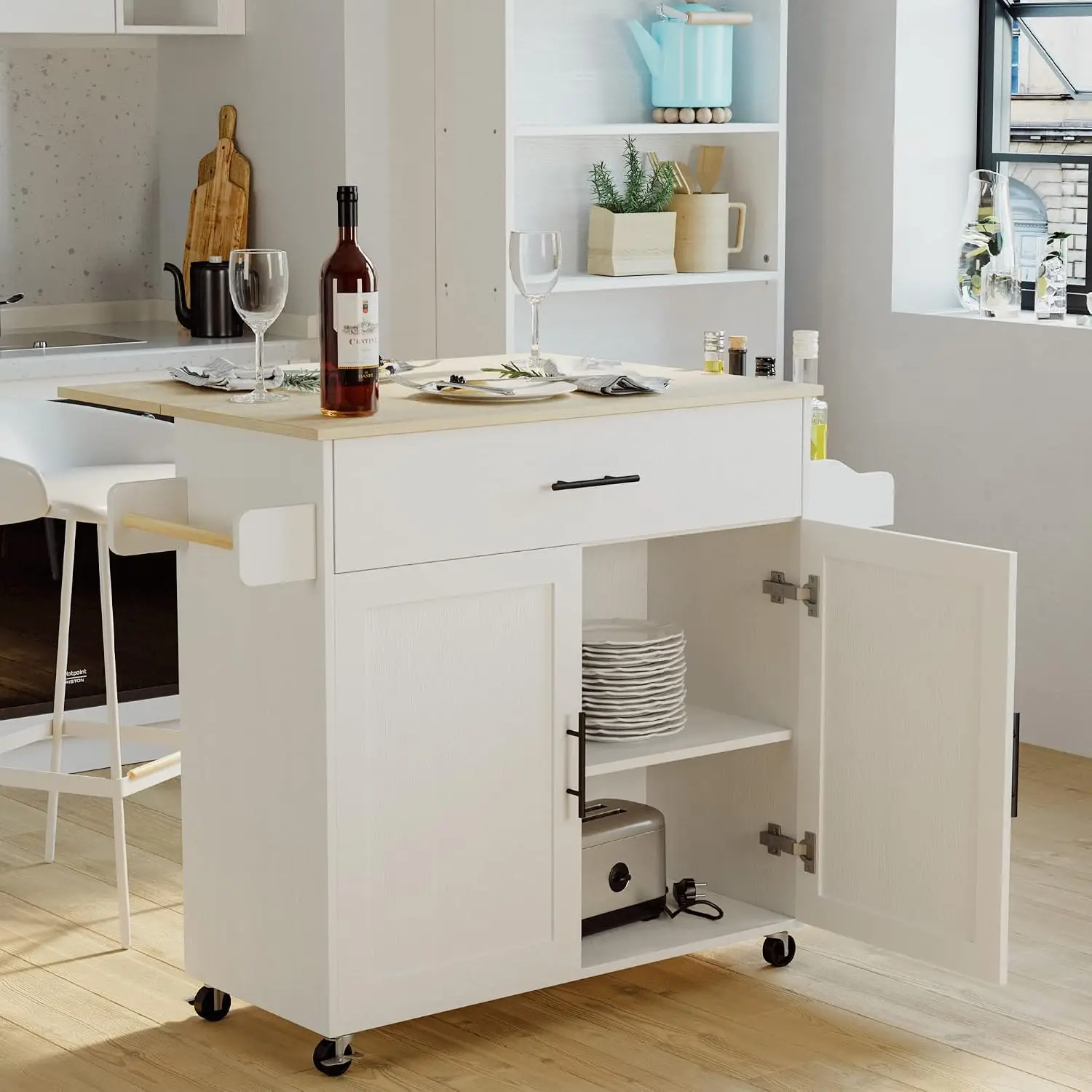 Kitchen Island with Wheels and Drawers for Kitchen and Dining Room | Open Shelves, Storage, Daily home use