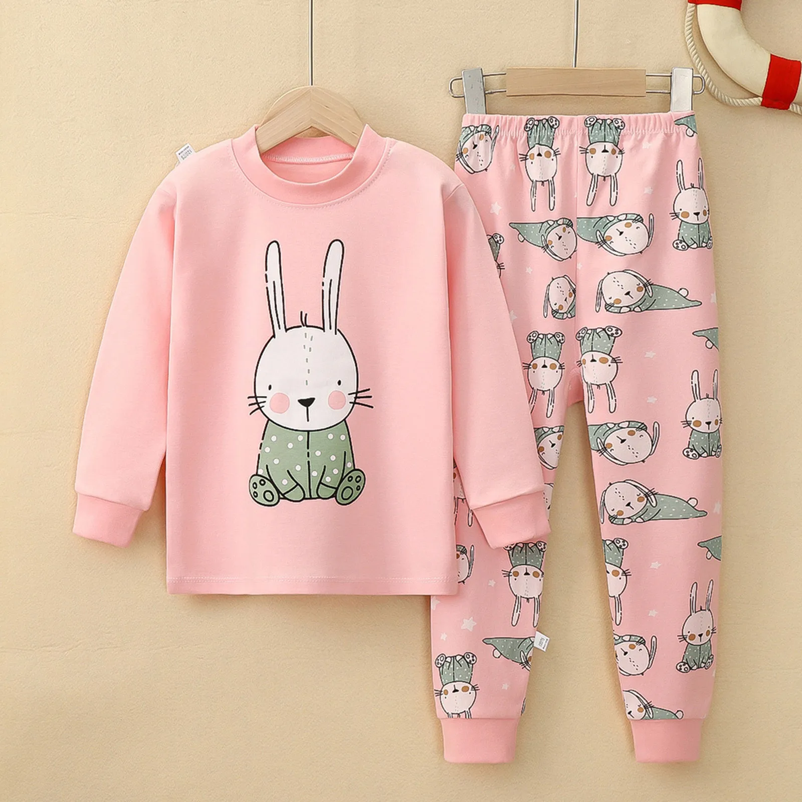 Children's Autumn Rabbit Print Set Cotton Warm Casual Autumn Winter Middle Large Kids Underwear Home Wear Two-piece Set Pajamas