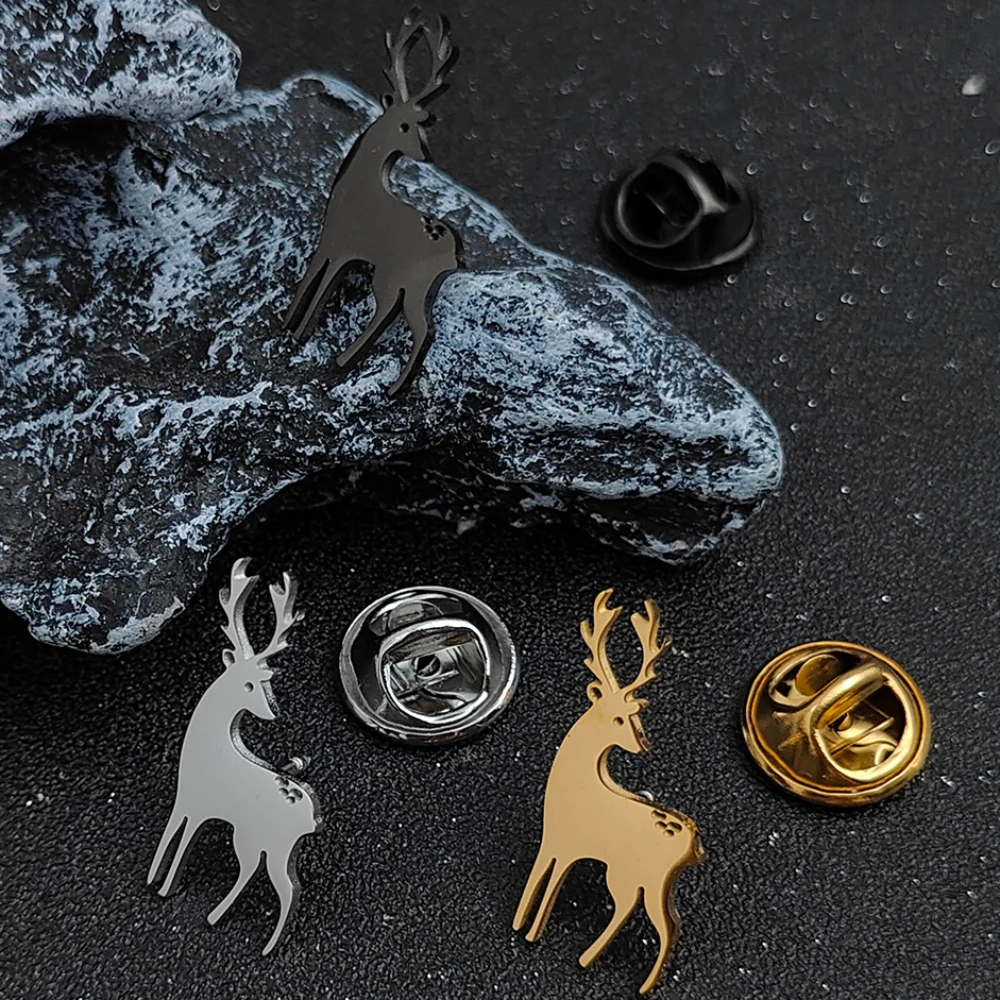 Stainless Steel Deer Brooch Men\'s Shirt Suit Lapel Pins Cute Animal Jewelry Silver Gold Black Color Metal Badge Accessories