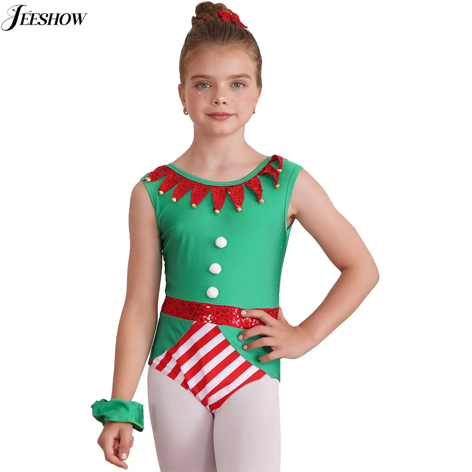 Girls Christmas Costume Color Block Sleeveless Gymnastics Ballet Dance Leotard with Hair Band Stage Xmas Performance Costume