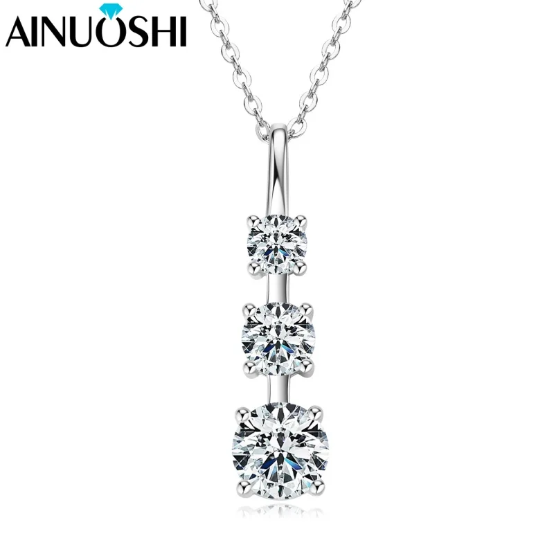 

AINUOSHI Lady Real 925 Silver Sparkling Moissanite Earrings 6.5mm&5mm&4mm Three Stone Pendant Necklace for Women Wedding Jewelry