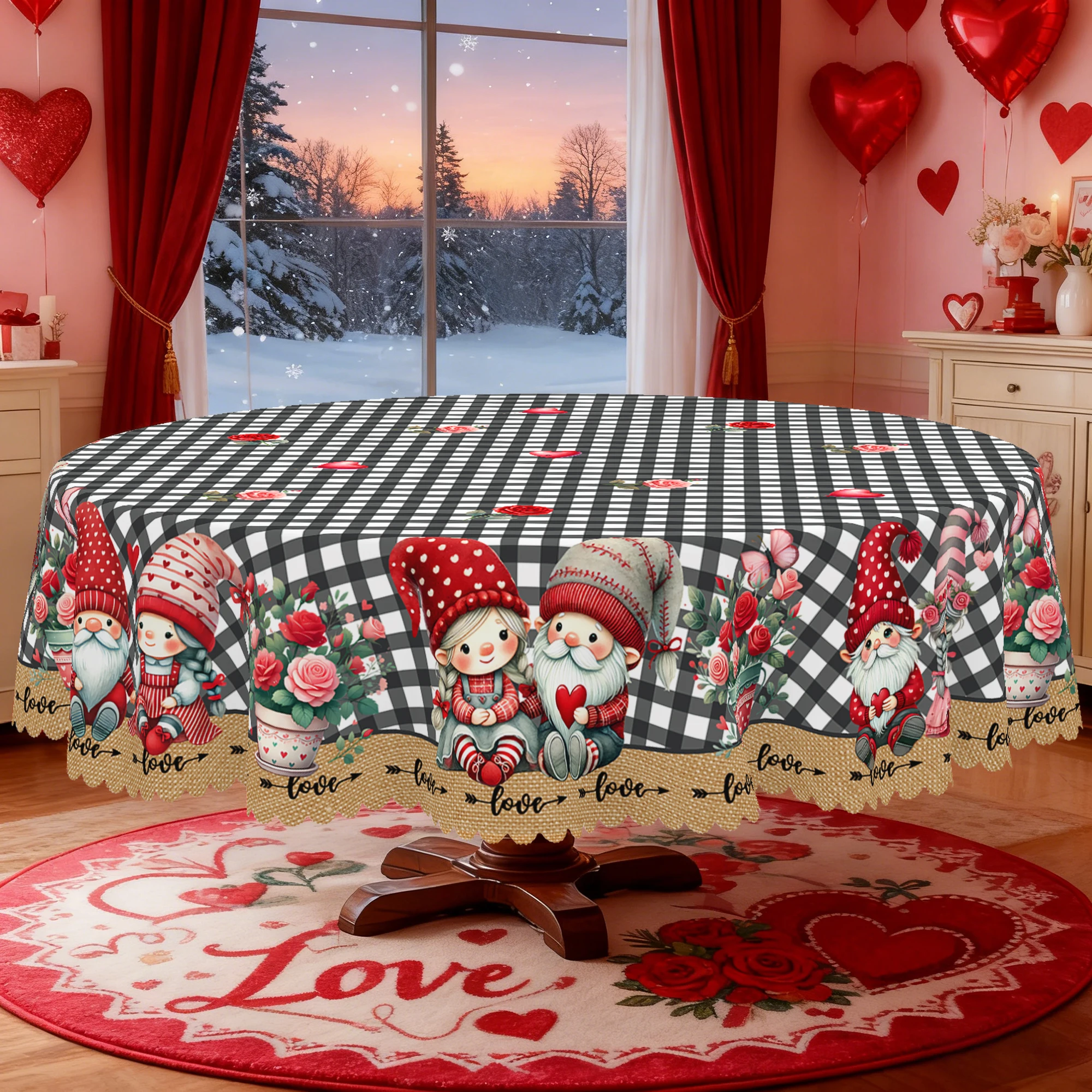 قطعة واحدة من مفرش المائدة المطبوع بطابع عيد الحب، قزم، منقوشة الجاموس، تصميم بنمط قلب، مناسب لعيد الحب، موسم الزفاف للربيع والصيف، نزهة الذكرى السنوية، تجمعات العطلات، مفرش المطبخ للاستخدام الداخلي والخارجي، الفراغات، مقاسات متعددة، متوفرة