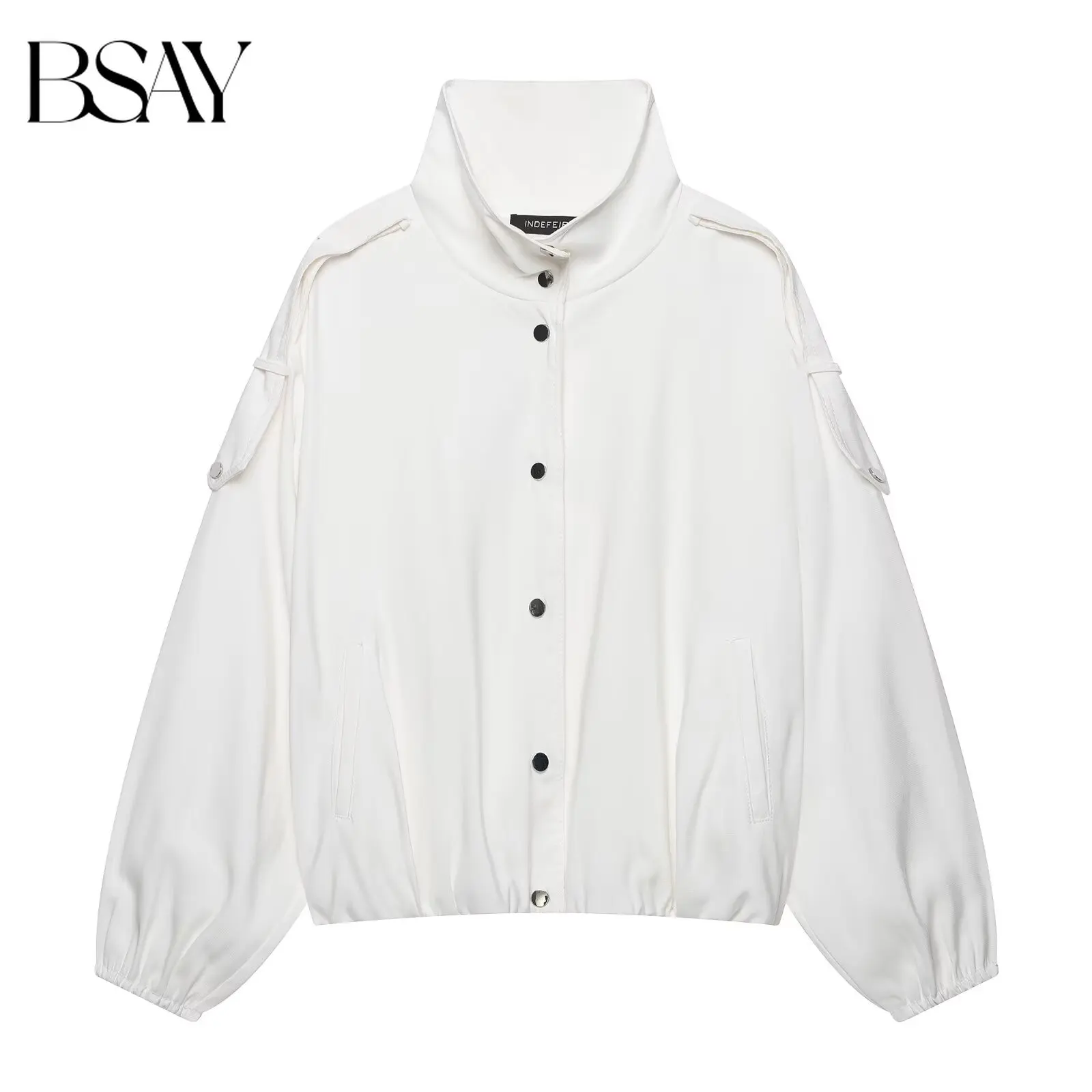 BSAY 2026 New Women Stand Collar Cropped Bomber Jacket Button Front Cargo Pockets Elastic Hem Long Sleeve Loose Casual Outerwear