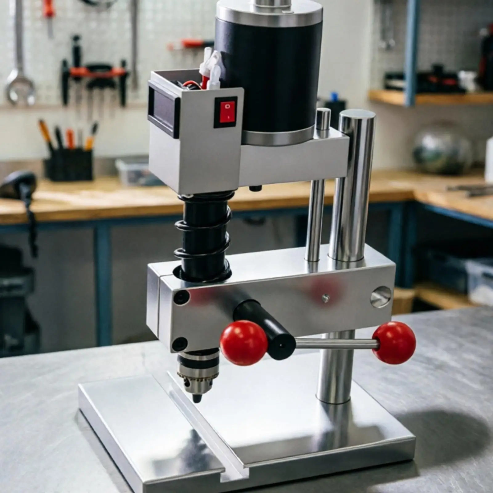 Compact Metal Drill Press Unit for Workbench with 1.5-10mm Capacity and Smooth Spindle Guide for Light Duty Drilling