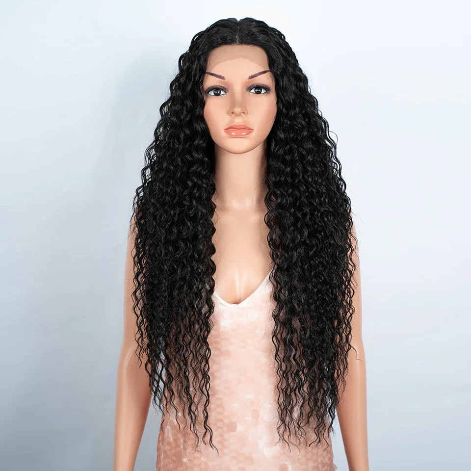 

Long Kinky Curly 180Density Soft 26Inch Natural Black Deep Lace Front Wig For Women With synthetic Glueless Preplucked Daily