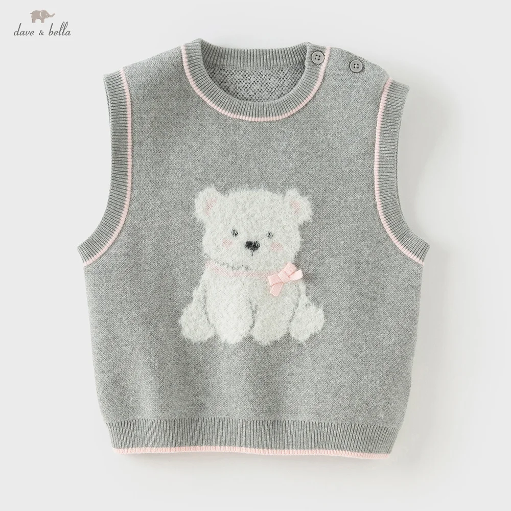 Dave Bella Girls' Autumn Sweater Vest Top Gentle Cute Cartoon Bear Print Children's Knitted Waistcoat Party Outdoor DB3253045