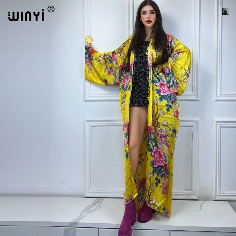 WINYI beach cover up print kimono loose Dress Beach Wear Boho Cardigan abaya dubai luxury women muslim dress africa down coat