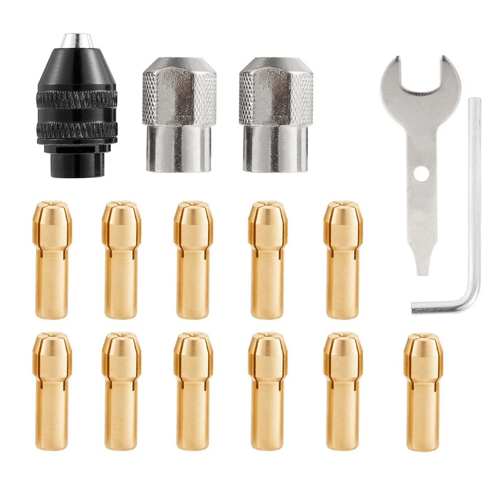 16pcs Drill Chuck Collet Set 0.5-3.2mm Electric Drill Bit Collet Slim Open-end Spanner L-wrench Drill Chucks For Rotary Tool