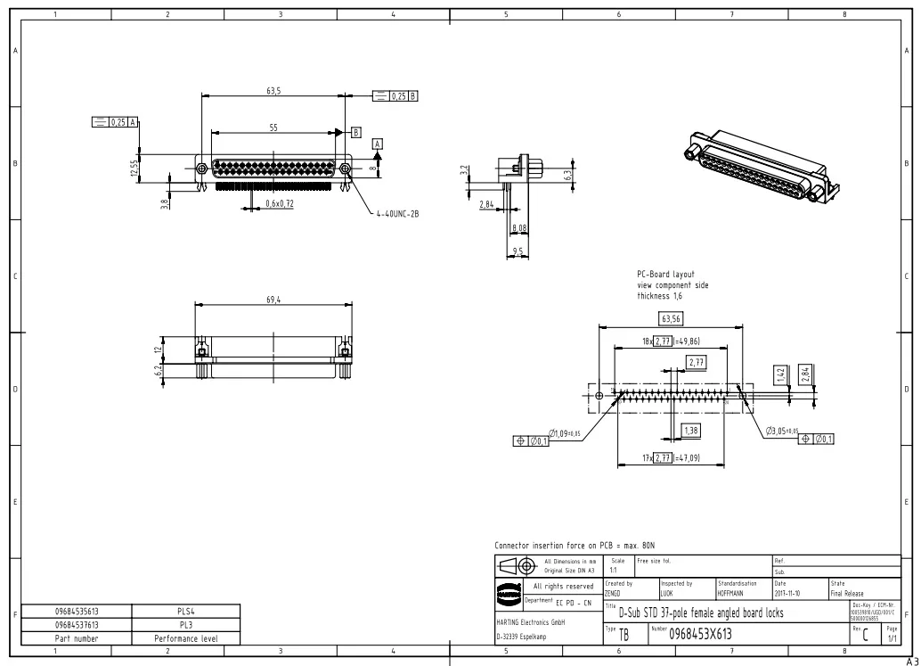 09684537613 HARTING 6.5A37-pin female copper alloy connector with grounding pin