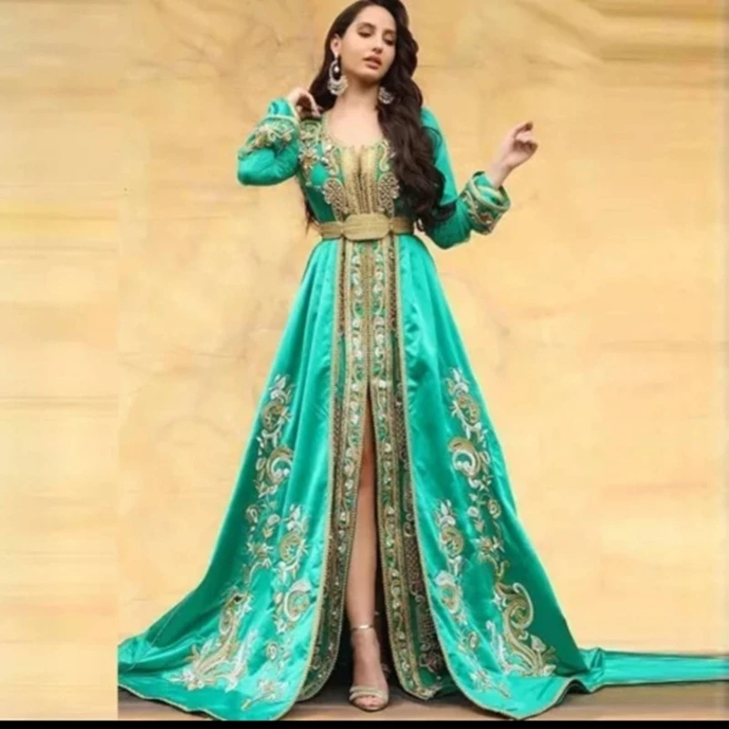 2022 Green Moroccan Kaftan Evening Dresses Long Sleeves Muslim Lace Appliques Arabic Special Occasion Party robe de soirée femme