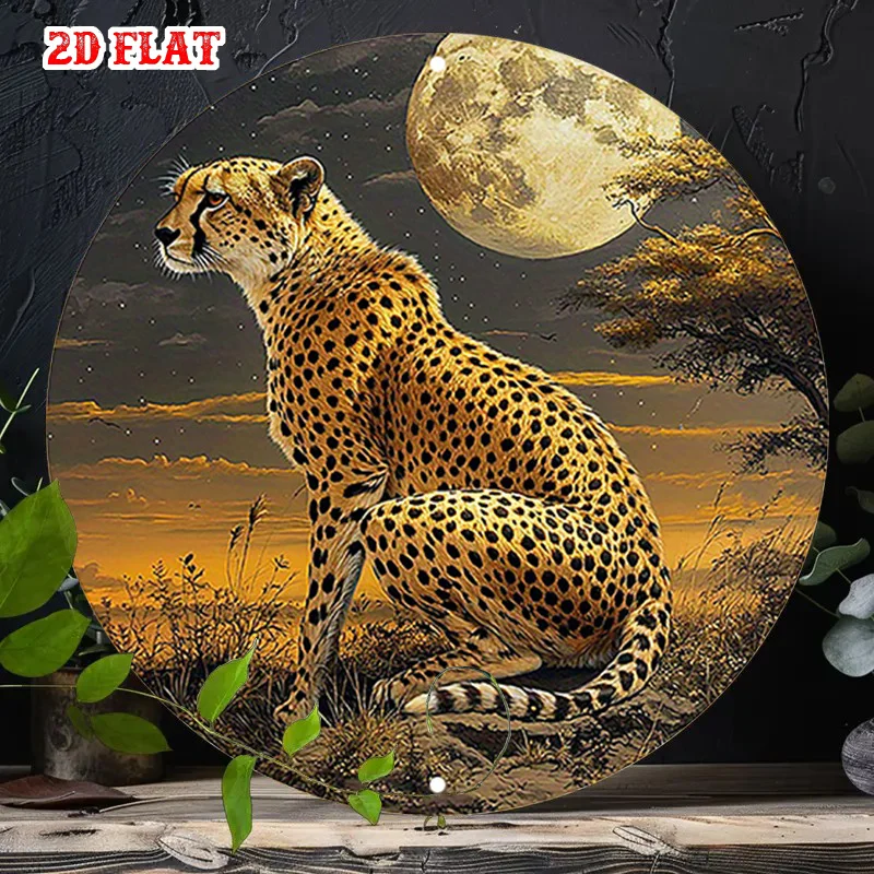 2D Flat  Adventure Spirit Round Sign, Moonlit Night Wall Decor Cheetah Rustic Metal Wall Art,African Beauty Metal Wall Art Decor